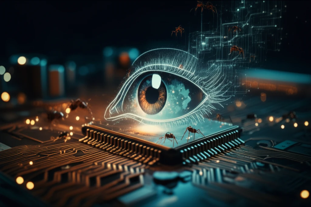 Ants constructing a digital image within a circuit board.