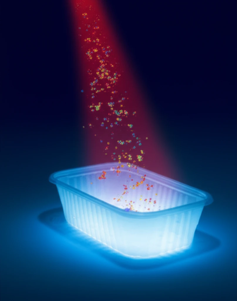 Infrared light reveals recycled plastic contamination in food container.