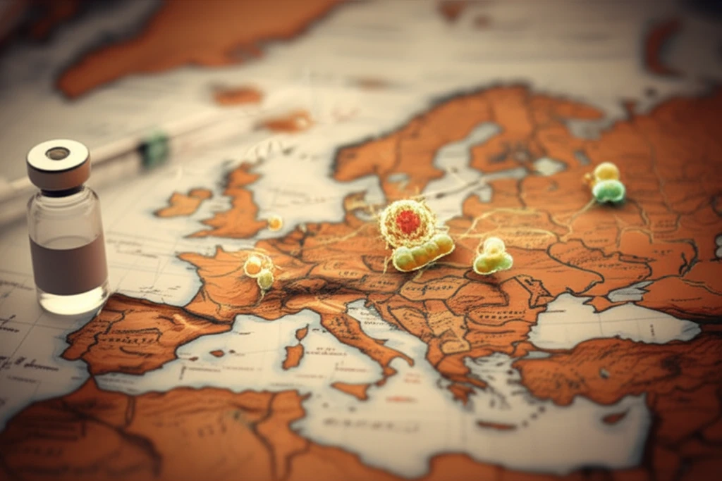 Fading vintage map of Europe with subtle bacterial cells, symbolizing the re-emergence of diphtheria.