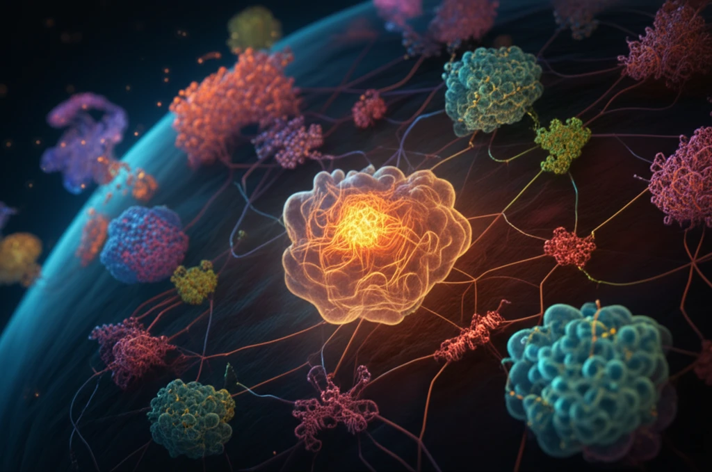 Complex network of interconnected proteins within a cell, with ANP32A protein at the center.