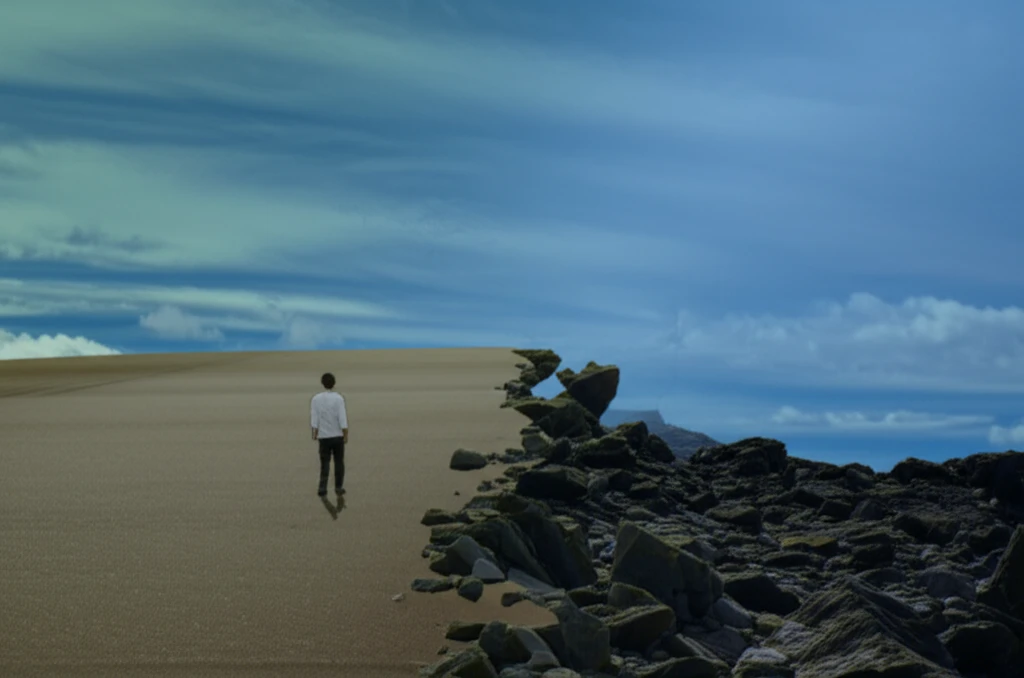 Person walking on a path transitioning from smooth to jagged, symbolizing balance on unstable ground.