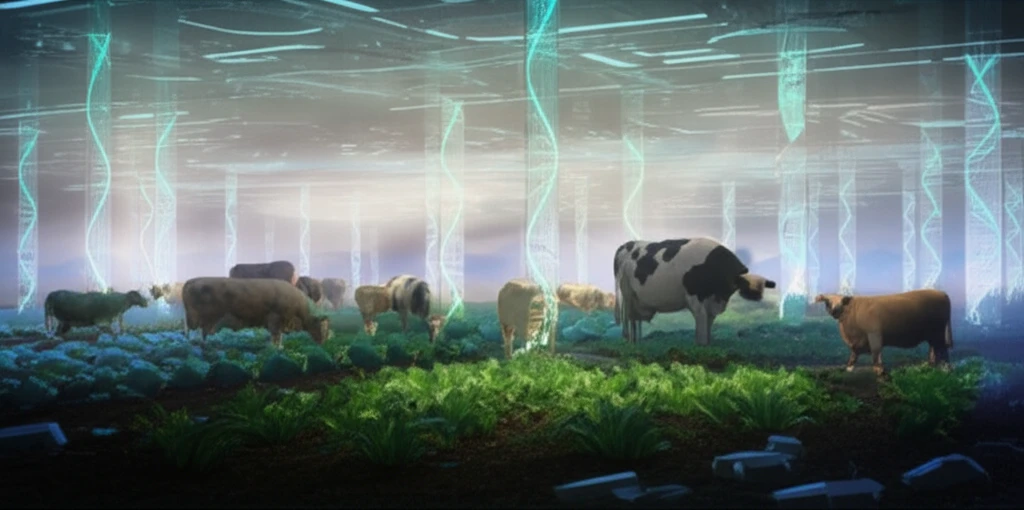 Futuristic farm with glowing genetically engineered crops and healthy livestock.
