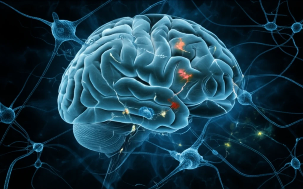 Brain intertwined with immune cells, symbolizing the connection between mental health and the immune system.