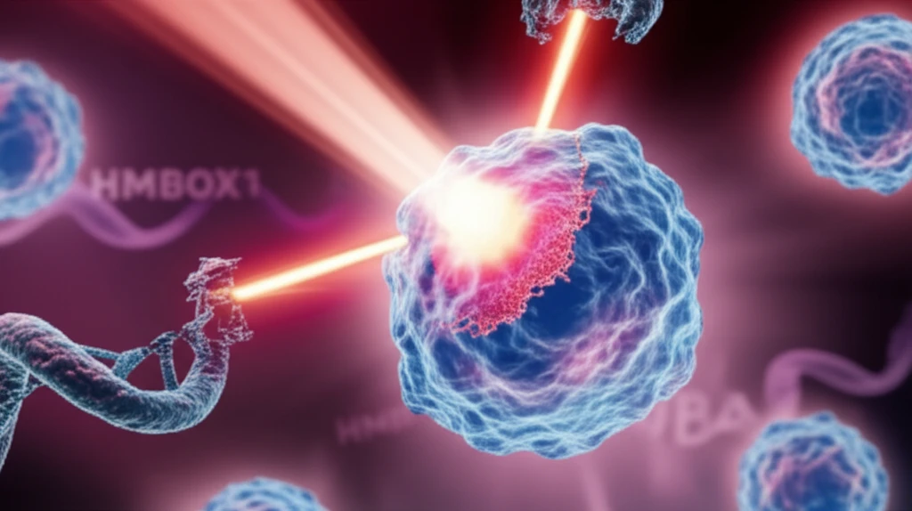 Illustration of radiation therapy targeting cervical cancer cells, highlighting DNA damage and the role of HMBOX1.