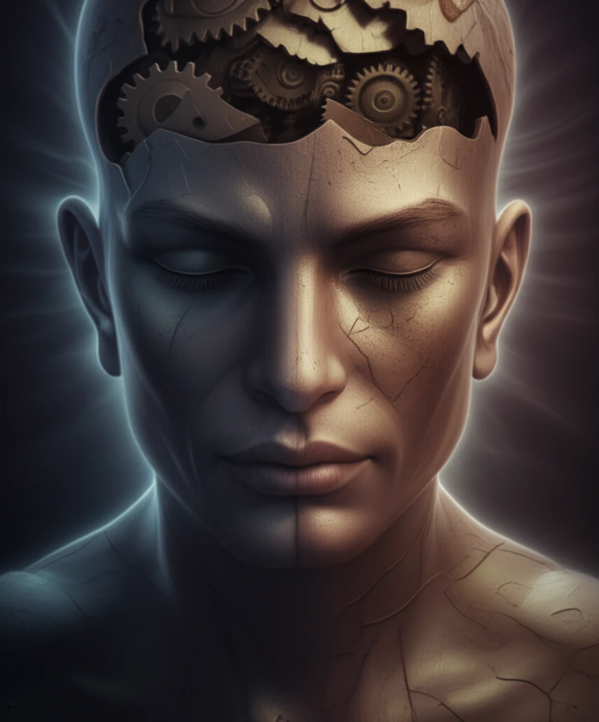 Surreal illustration of a fractured head with gears, representing the complexities of TMD and orofacial pain.