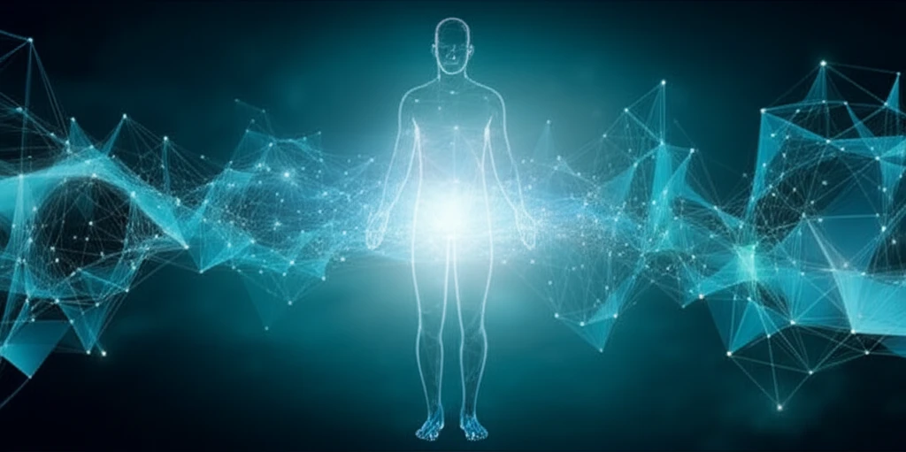 Data network flowing into human silhouette representing urological insights.