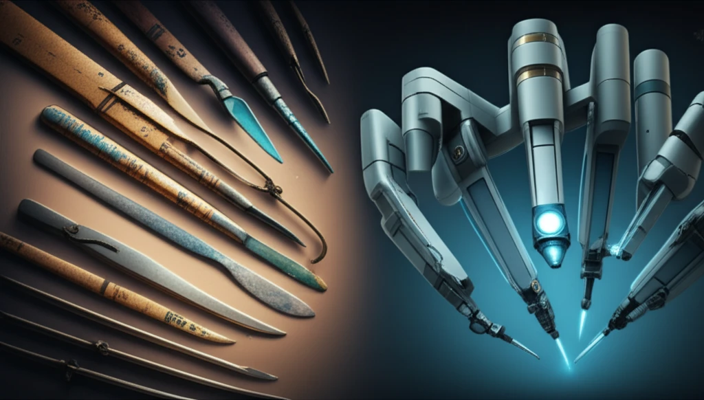 A surreal image representing the evolution of surgery, blending ancient and modern tools.