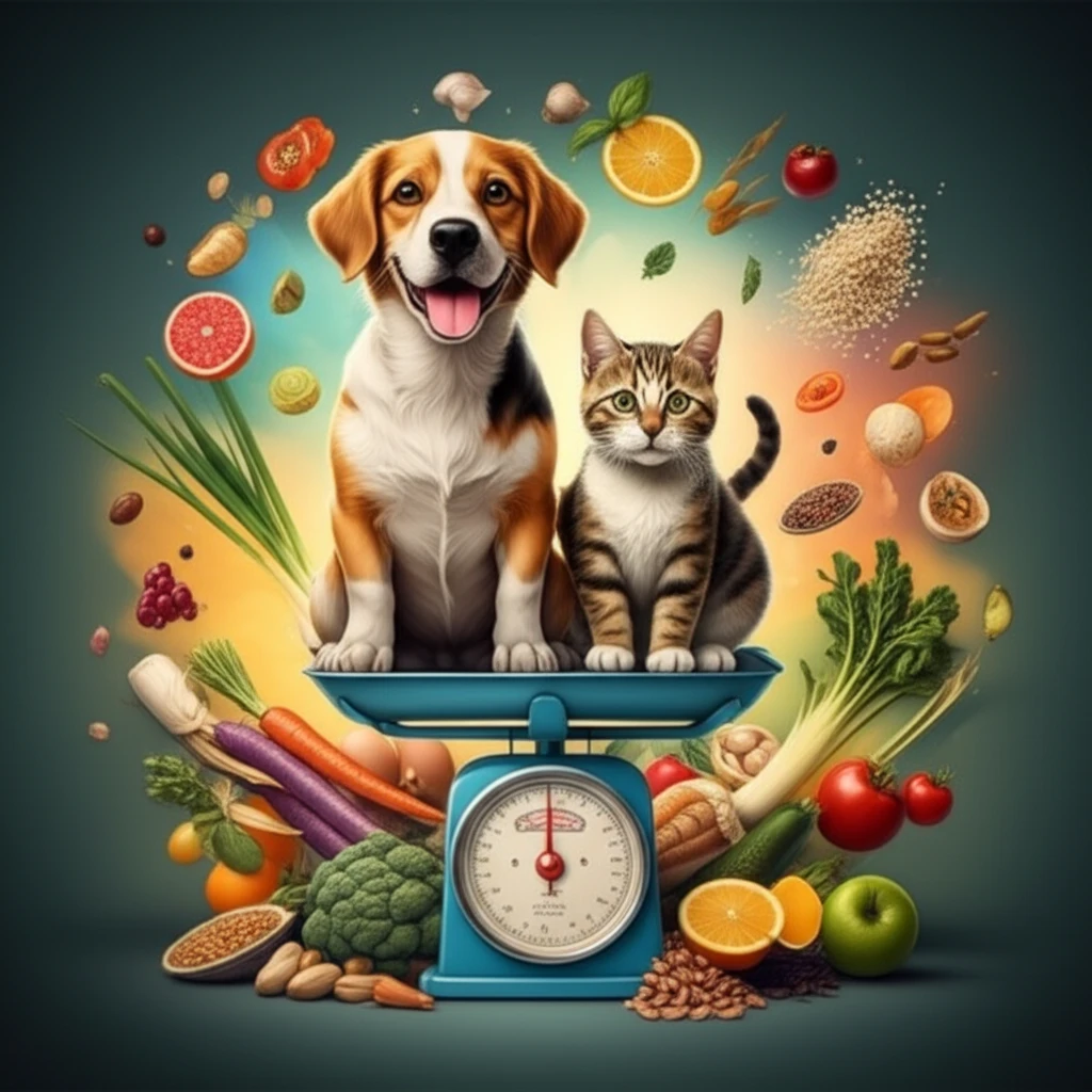 Healthy dog and cat balancing on a scale, symbolizing weight management.