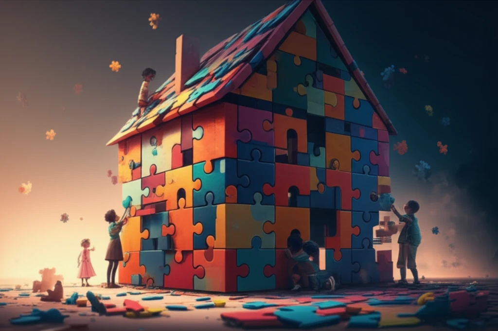Diverse children collaborating to build a school out of puzzle pieces.