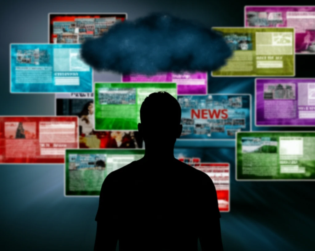 Silhouette of a person with news headlines and a dark cloud.