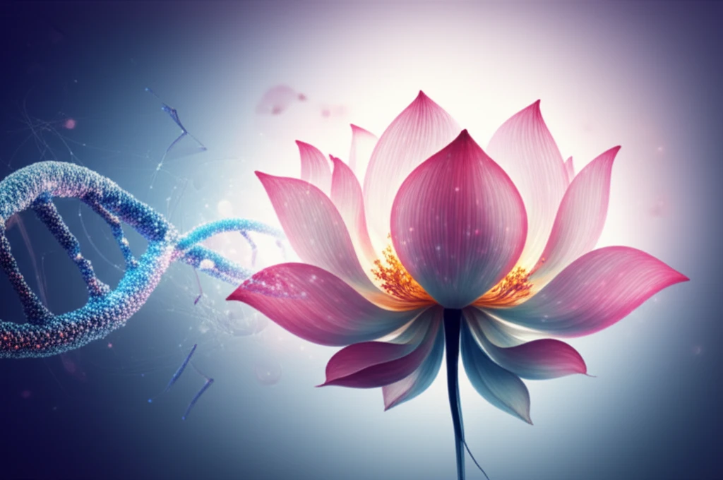 DNA strand intertwining with a lotus flower, symbolizing fertility and genetic potential.