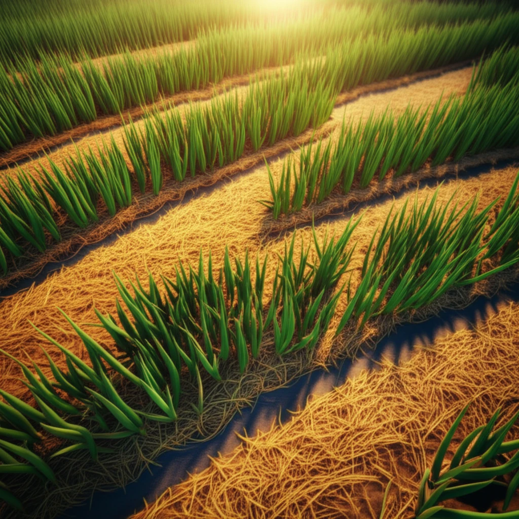 Lush onion field with straw mulch, overhead view