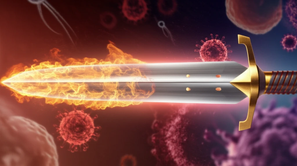 A double-edged sword representing the conflicting roles of IL-15 in cancer, with one side symbolizing tumor growth and the other symbolizing immune response.