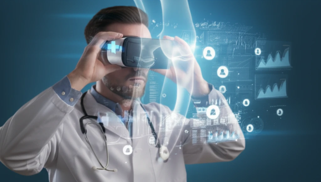 A rheumatologist using virtual reality to examine a holographic joint projection, enhanced by social media and medical data streams.