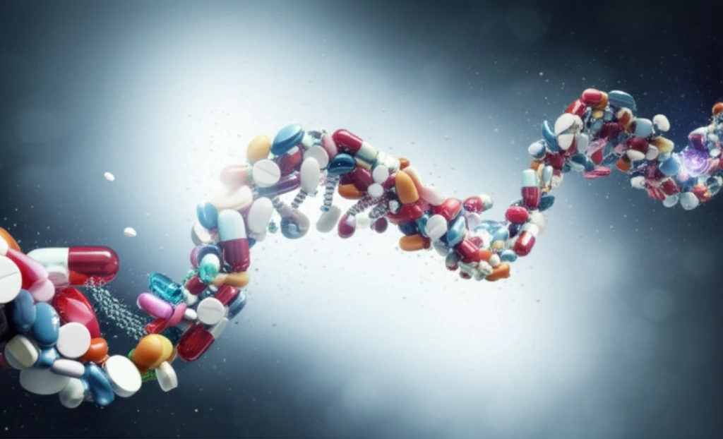 DNA strand with prescription medication representing personalized medicine.
