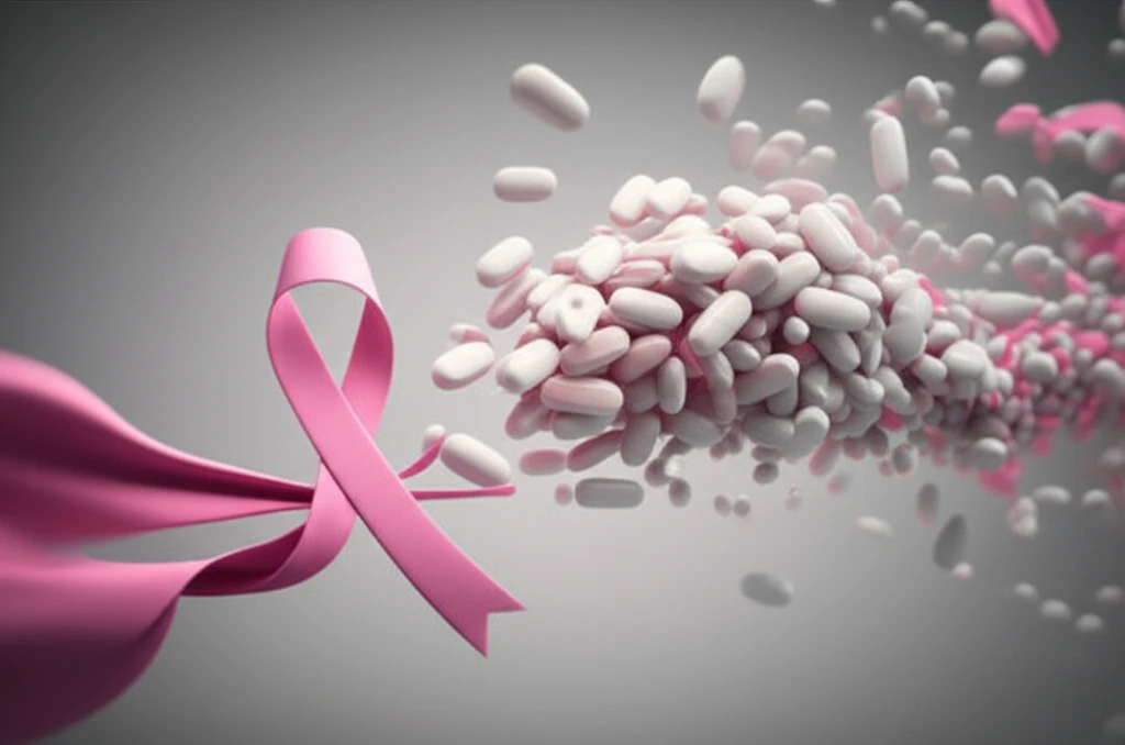 Metformin pills transforming into pink breast cancer awareness ribbons.