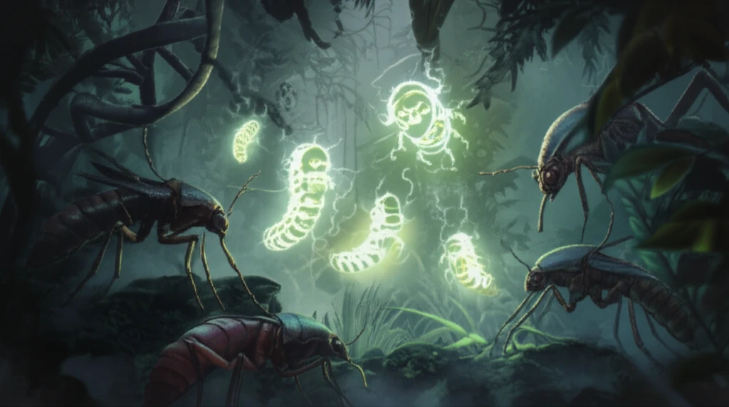 Illustration of genetically modified mosquito larvae interacting with predator larvae in a natural environment.