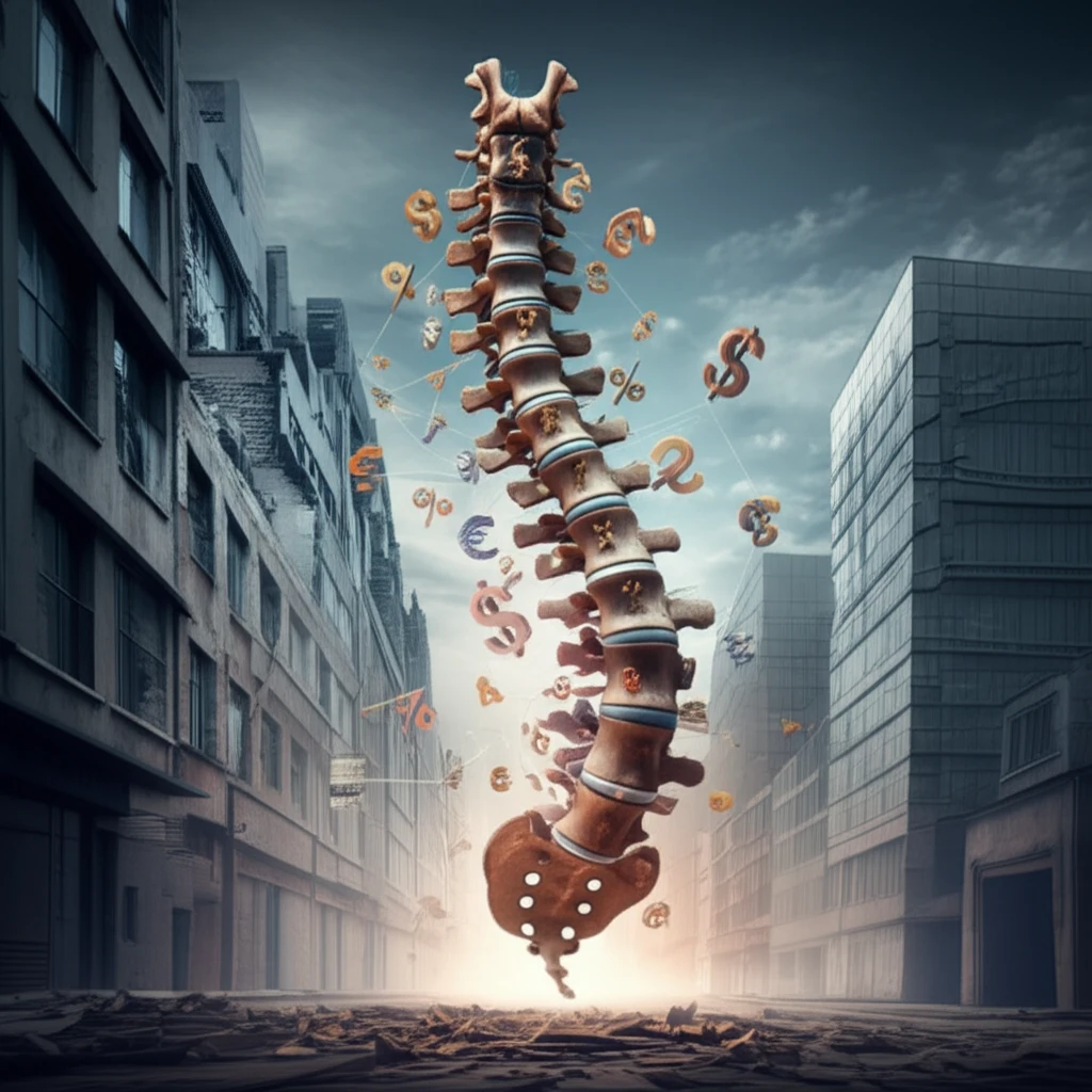Surreal illustration of osteoporosis burden with crumbling spine and financial symbols.