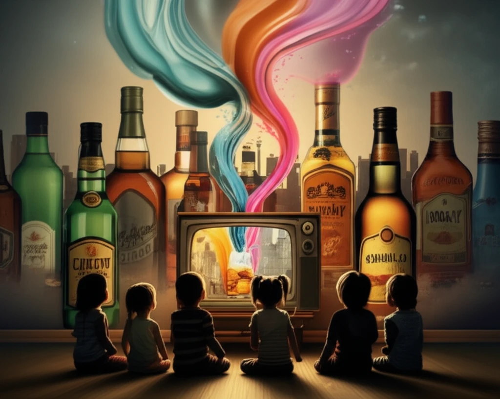 A surreal image representing the influence of alcohol imagery on young viewers through television.