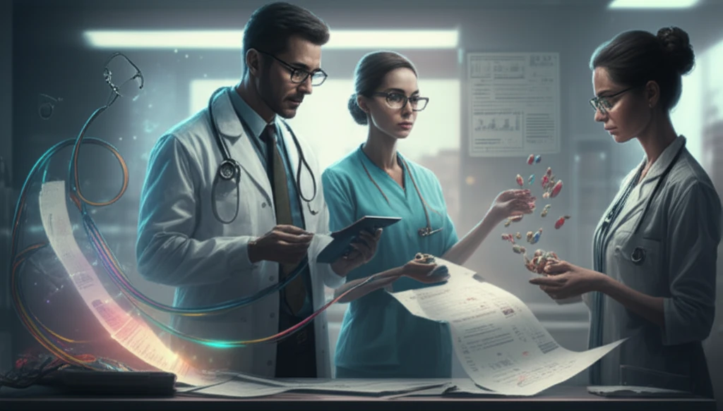 Doctor and pharmacy technician collaborating on a discharge prescription.