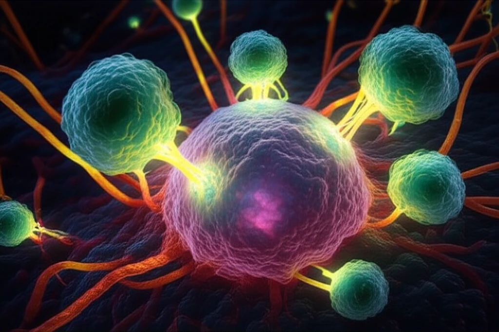 Natural Killer (NK) cells attacking a tumor cell.