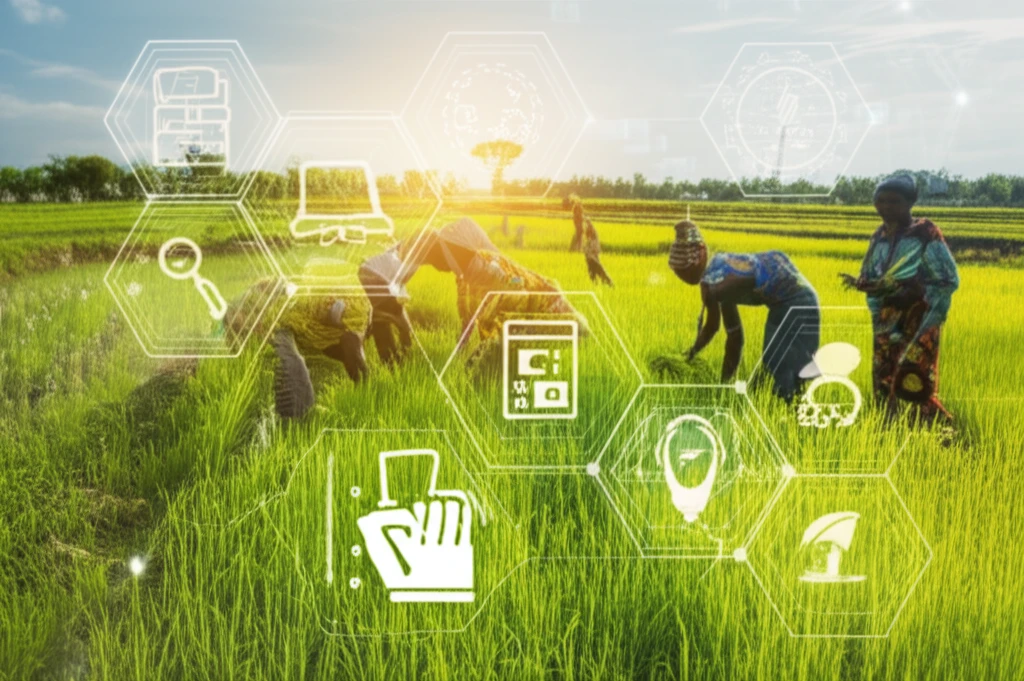 Rice field in Imo State, Nigeria, with farmers using technology.