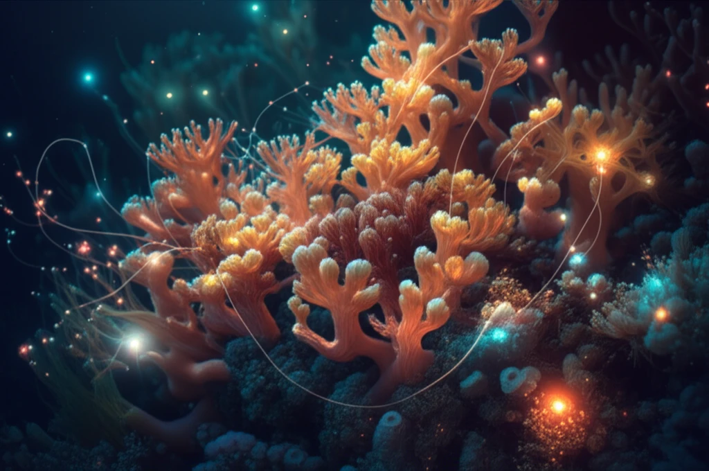 Illustration of a vibrant coral reef with glowing bacteria interacting with the coral, symbolizing the hologenome concept.