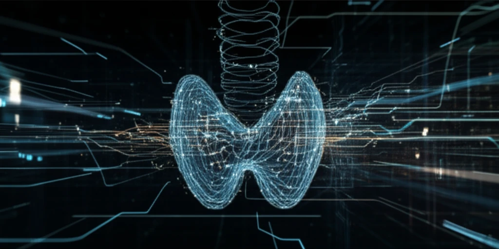 Stylized thyroid gland intertwined with machine learning code, representing personalized medicine.