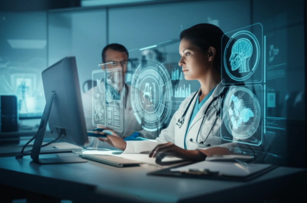 AI-enhanced radiology: Radiologist using an AI system for medical imaging.