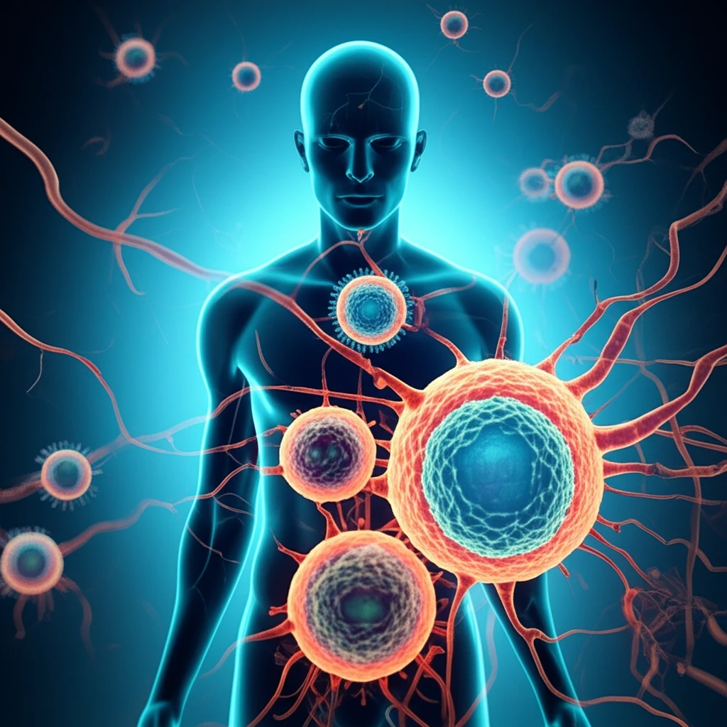 Microscopic pathogens attacking human immune system. Symbolizing challenges diagnosing and treating rare infections.