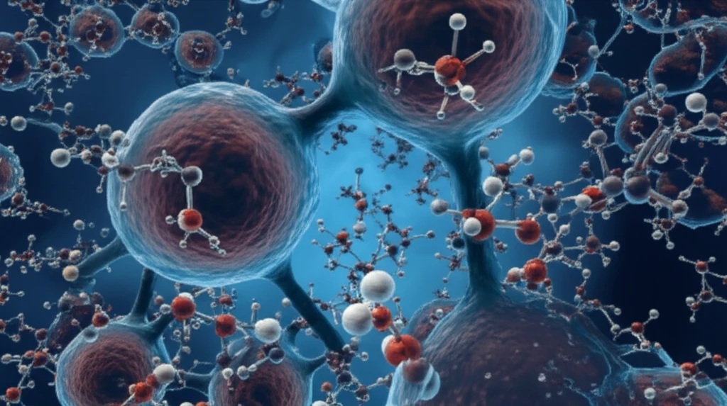 Microscopic cells forming a cityscape with formalin molecules as supports.