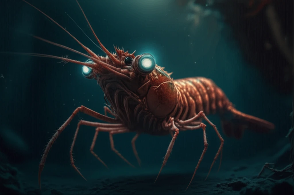 Prawn with bioluminescent eyes detecting pollution.