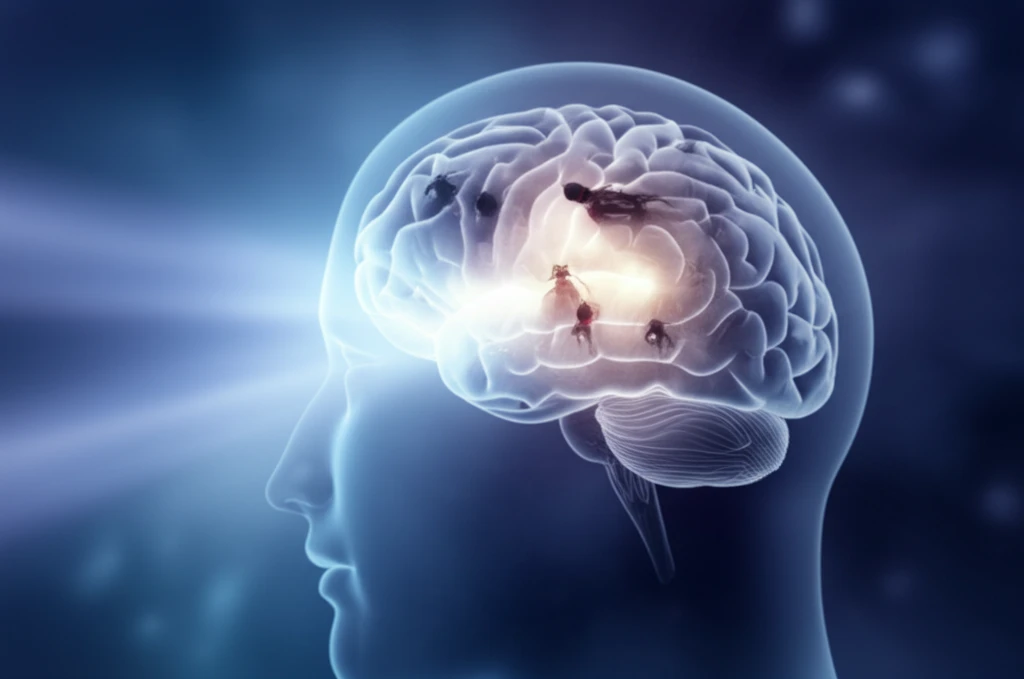 Surreal image of cancer cells invading the brain, with a light beam representing treatment.