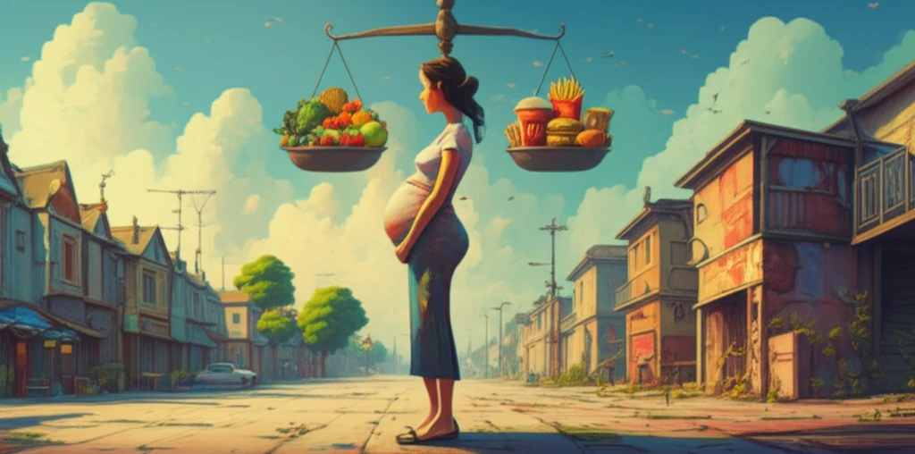 Surreal illustration of a pregnant woman in a divided neighborhood, representing the impact of environment on maternal health.