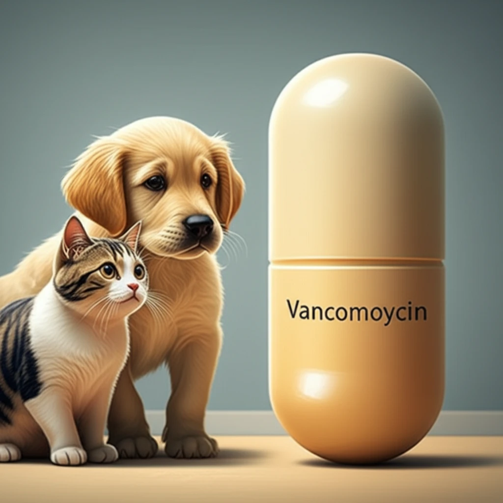 Worried pets look at a giant vancomycin pill, symbolizing antibiotic resistance.