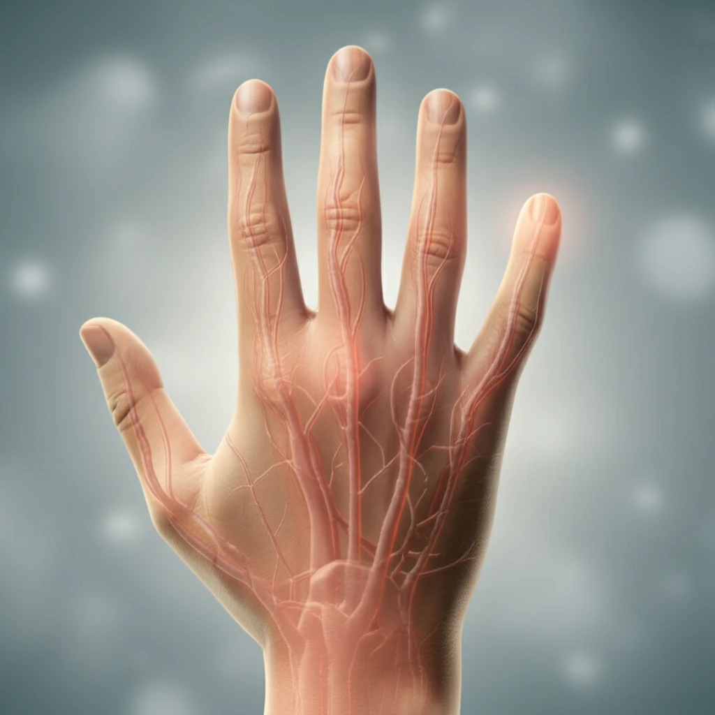 Illustration of hand with vascular system highlighting angioleiomyoma.