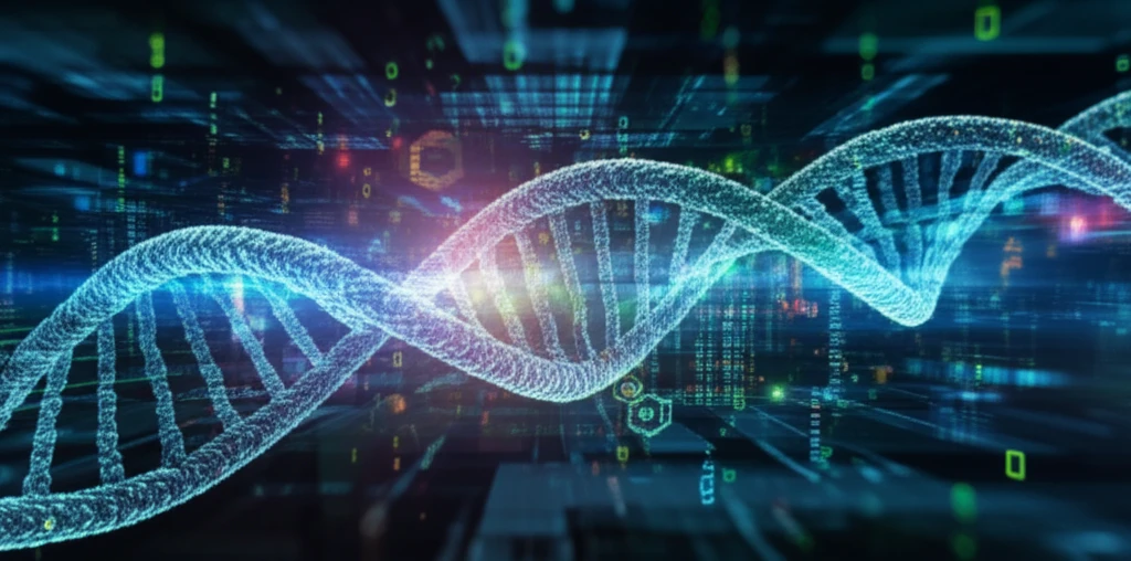 DNA strands intertwined with code, representing genomic data analysis