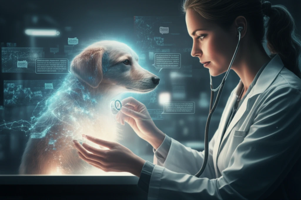 Veterinarian examining glowing animal with data and quotes in background