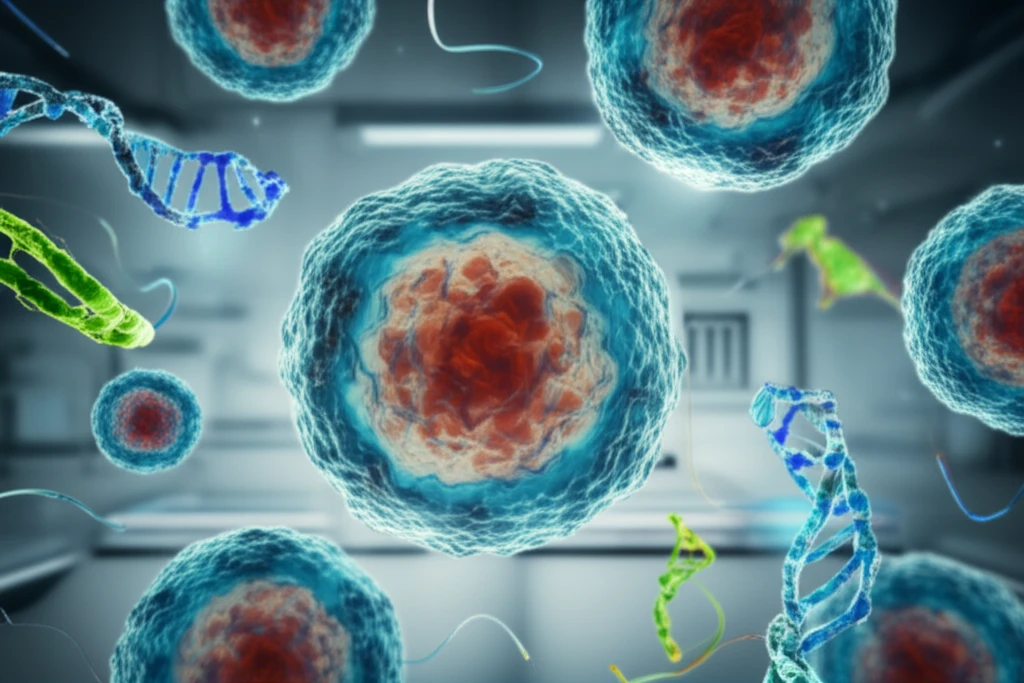 3D liver cell spheroids in a futuristic lab.