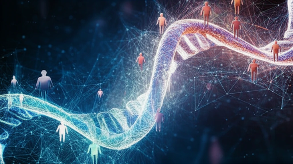 DNA strand intertwined with human figures, HLA system