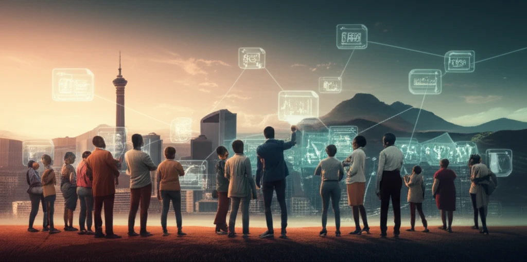 Digital illustration of e-governance in South Africa, showcasing technology connecting citizens with government services.