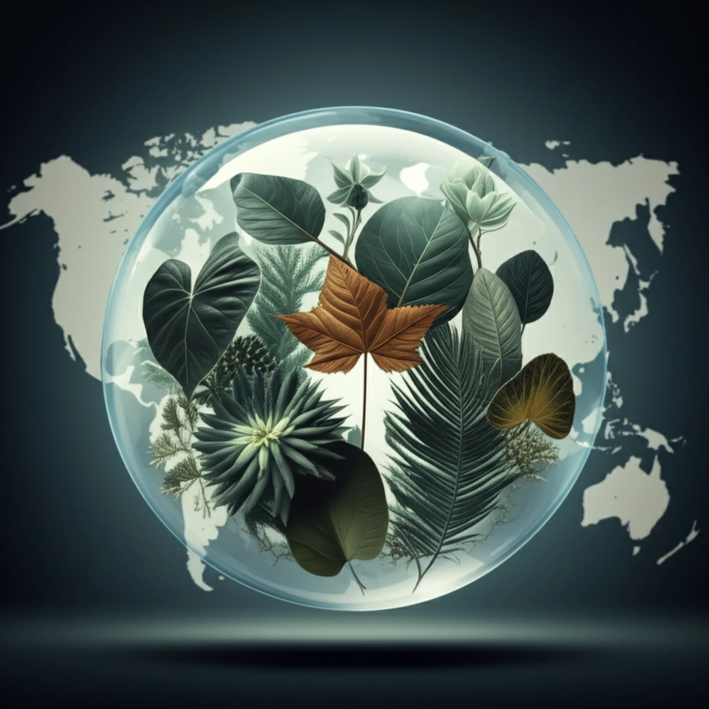 Diverse leaves floating in a climate-controlled sphere, representing global leaf size variation.