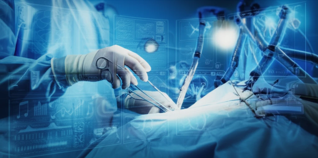 Surreal digital illustration of a surgeon's hands performing a complex surgery.