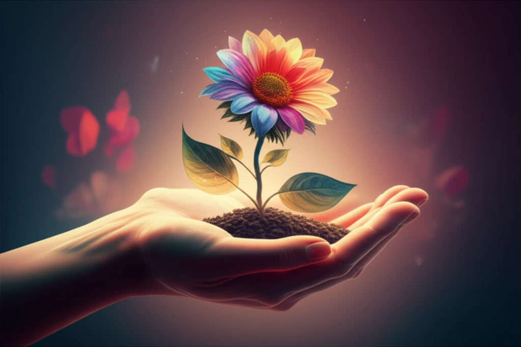 Blooming flower growing from a hand, symbolizing hope and recovery in cancer survivorship