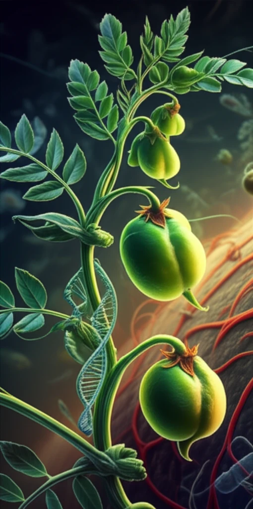 Illustration of chickpea plant with glowing gene strands, symbolizing disease resistance.