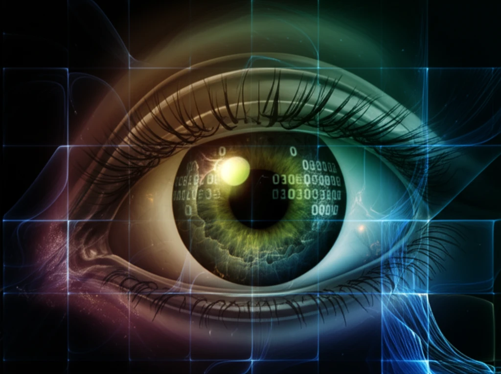 Intricate eye layers with data grid symbolizing image analysis in DME diagnosis
