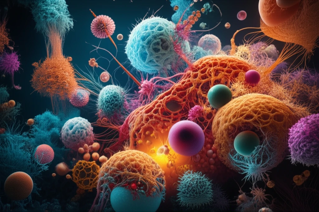 Microscopic view of biomaterials interacting with cells to promote healing and regeneration.