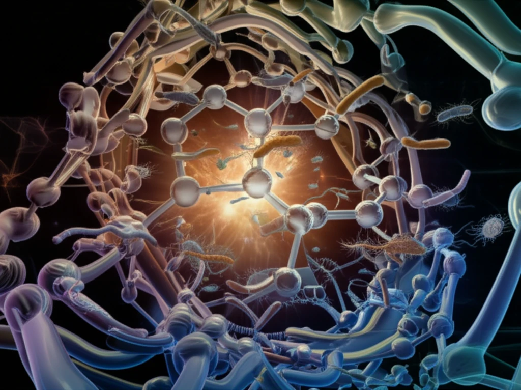 Molecular structure intertwining with bacteria representing drug discovery.