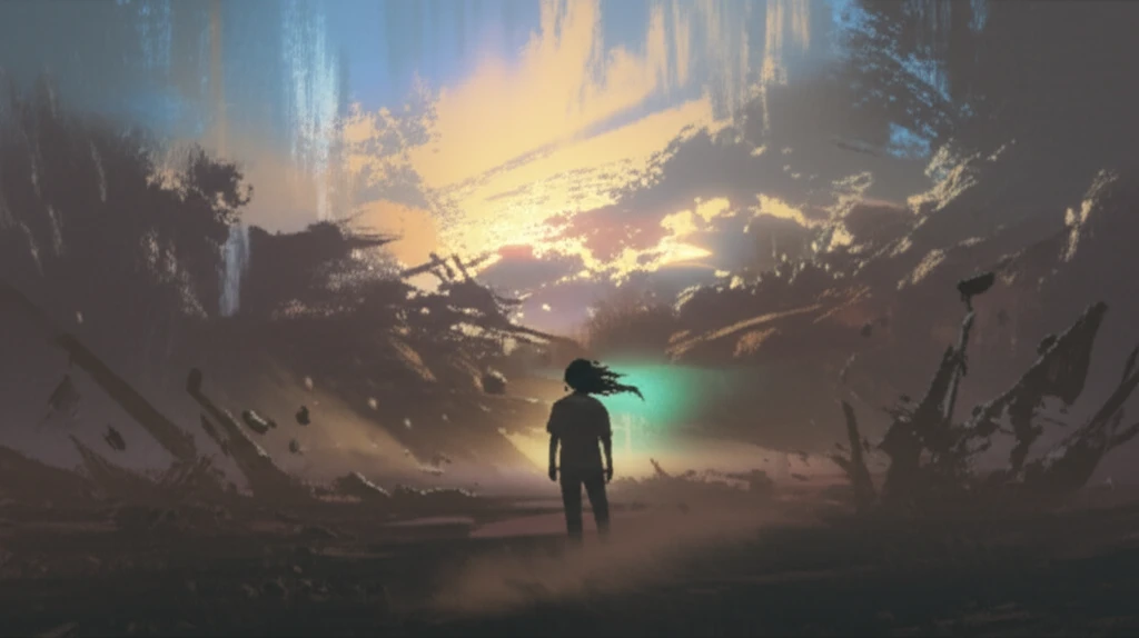 A lone figure on a battlefield at sunset, symbolizing spiritual reflection.