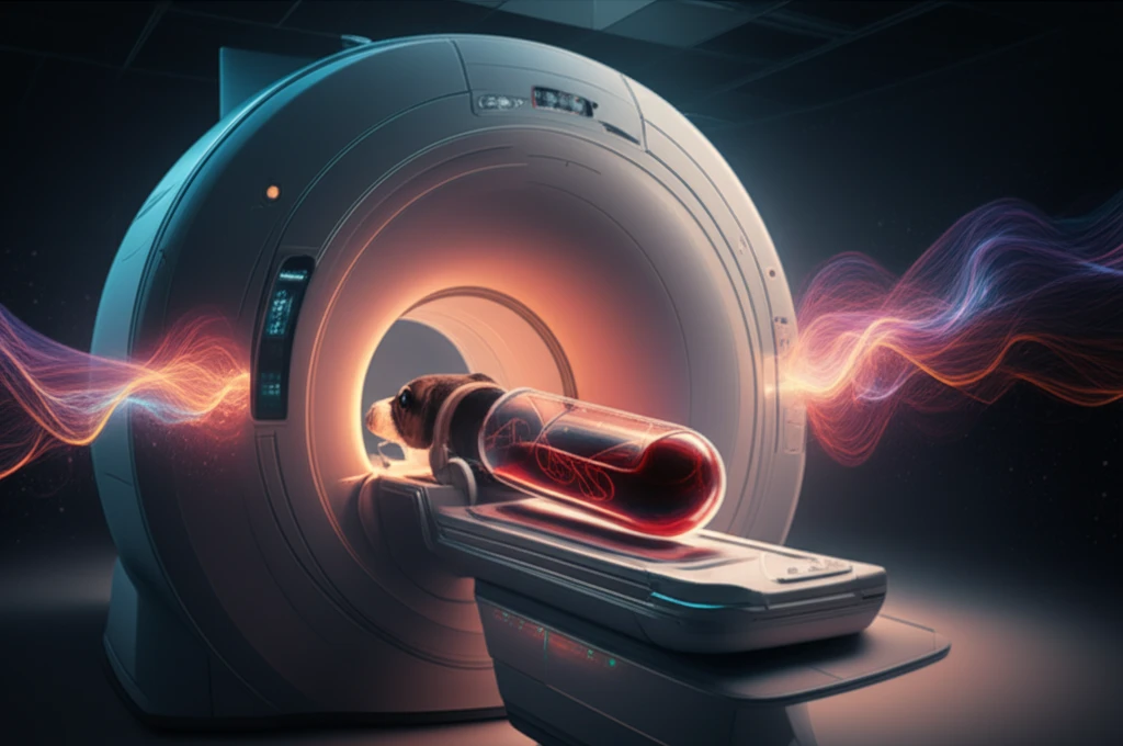 Abstract illustration of a canine blood sample in an MRI machine, visualizing magnetic fields and signal changes.